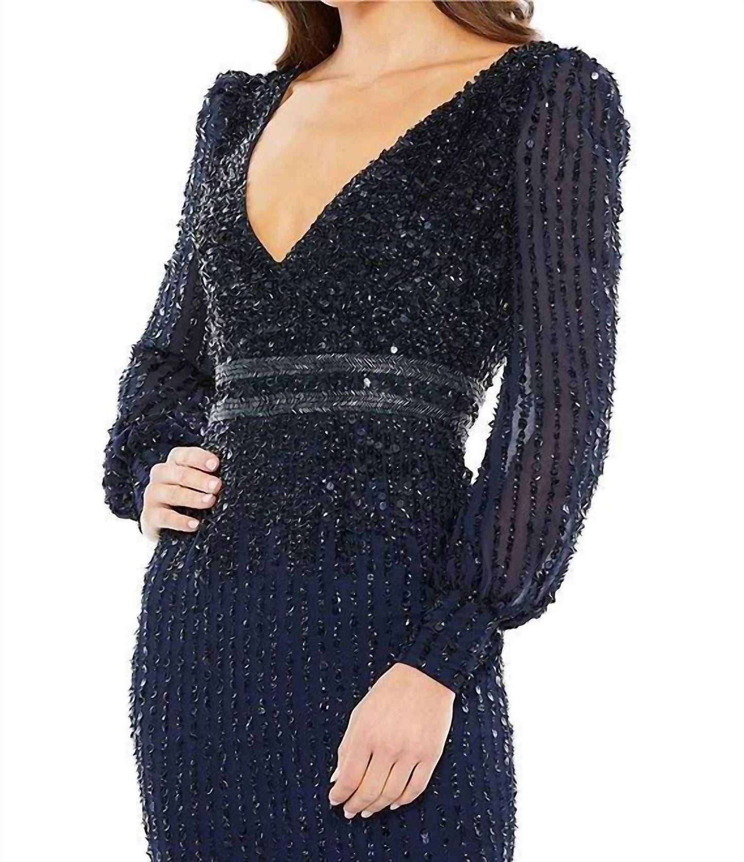 Mac Duggal - Long Sleeve Fitted Tea Length Dress