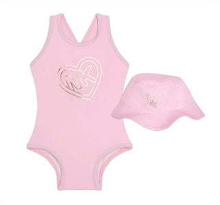 Michael Kors - Girls Monogram Print Swimsuit + Hat Set