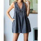 Veveret - Front Pleated V Neck Sleeveless Denim Romper