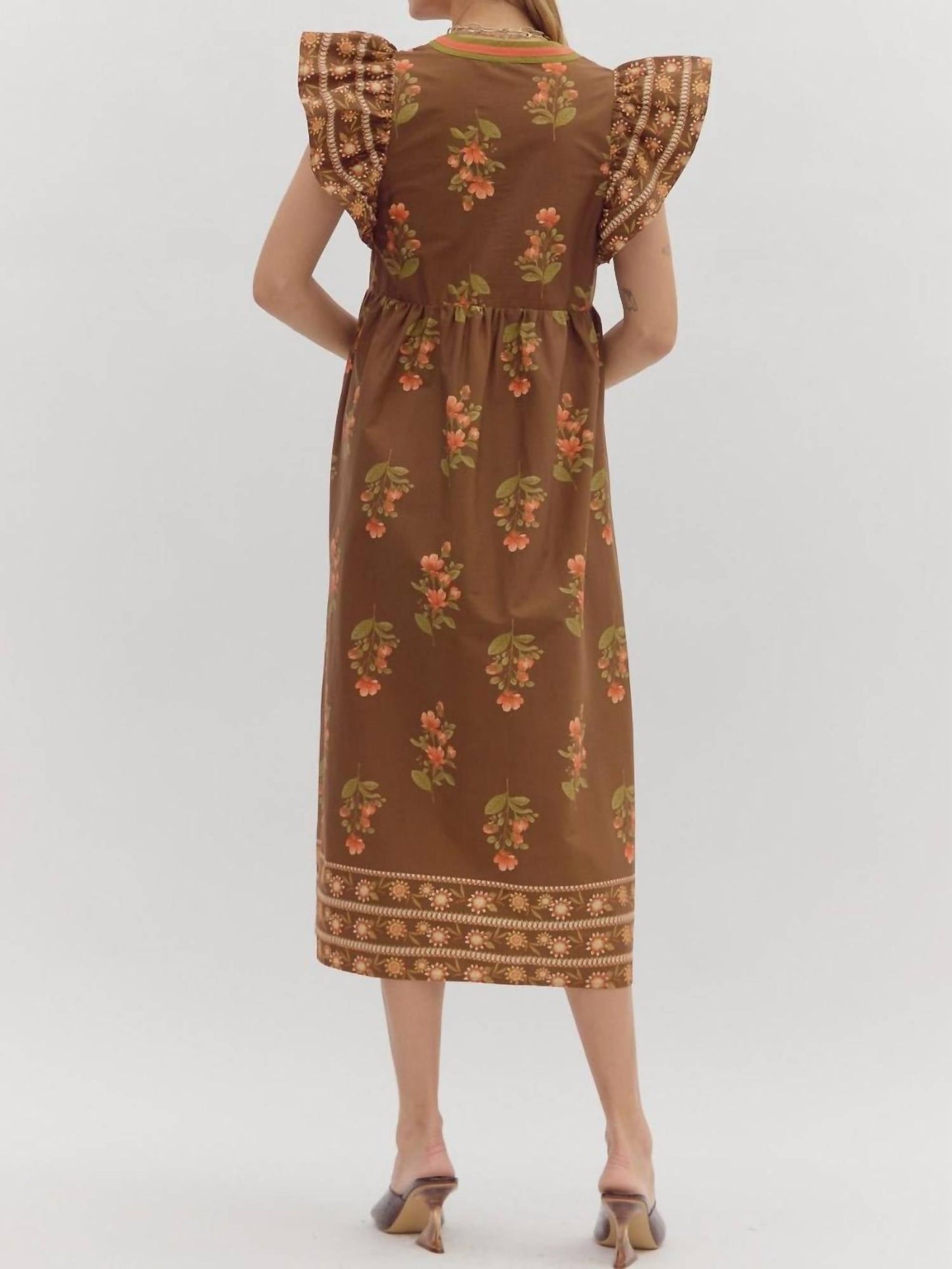 Entro - Split Neck Floral Framed Midi Dress