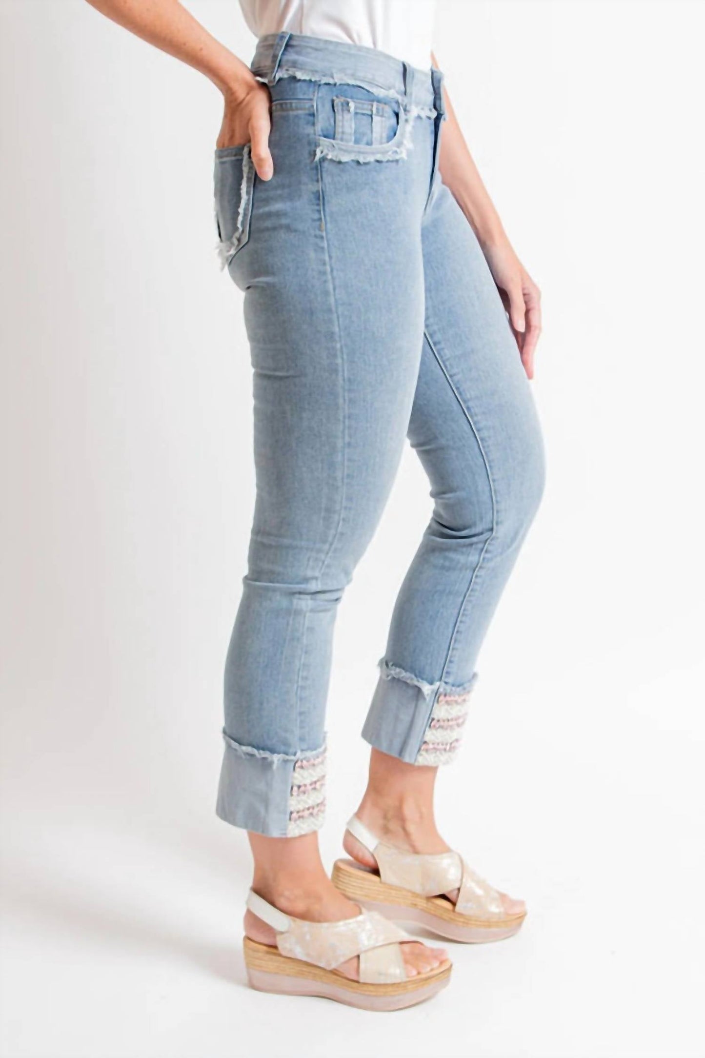 Azi - Rhinestone Crystal Hem Crop Jeans