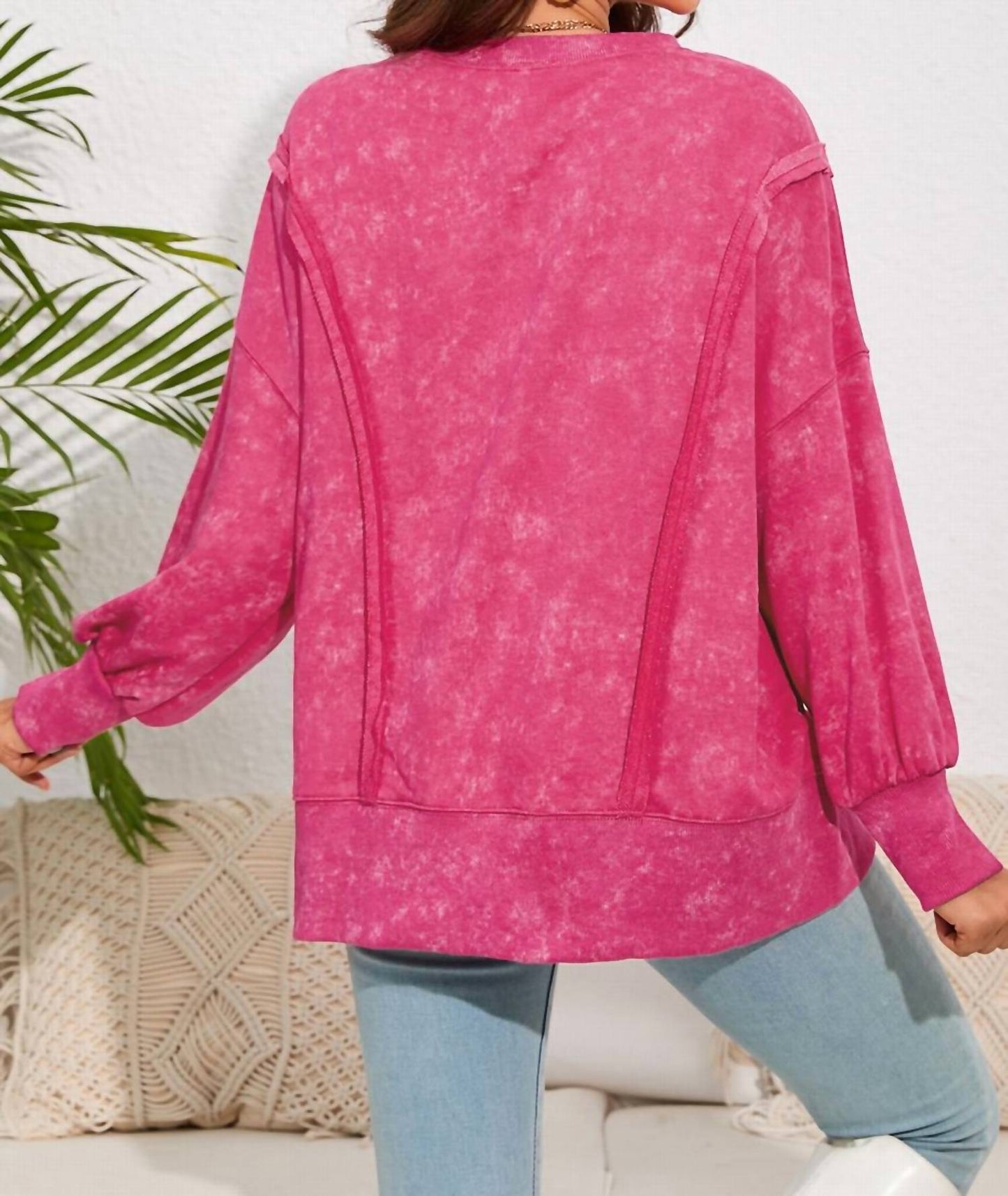 Shiying Fashion - Acid Wash Relaxed Fit Seamed Pullover Sweatshirt with Slits