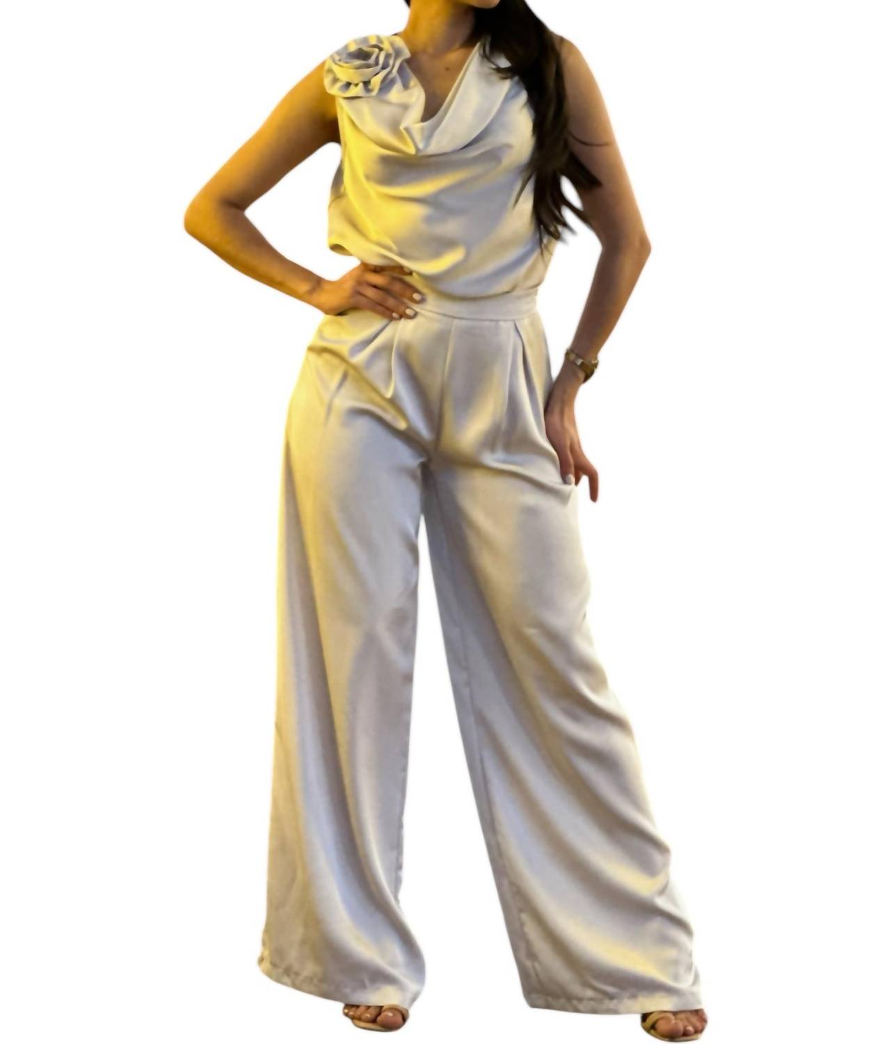 A.C.G. Los Angeles - Satin Wide Leg Pants & Cowl Neck & Flower Sleeveless Top