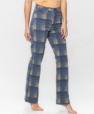 Judy Blue - High Waist Plaid Vintage Look Straight Leg Jeans