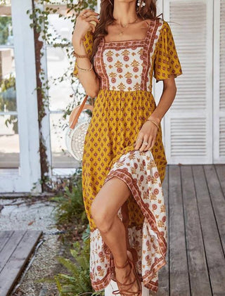 Supreme Fashion - Square Neck Short Sleeve Floral Maxi Dress