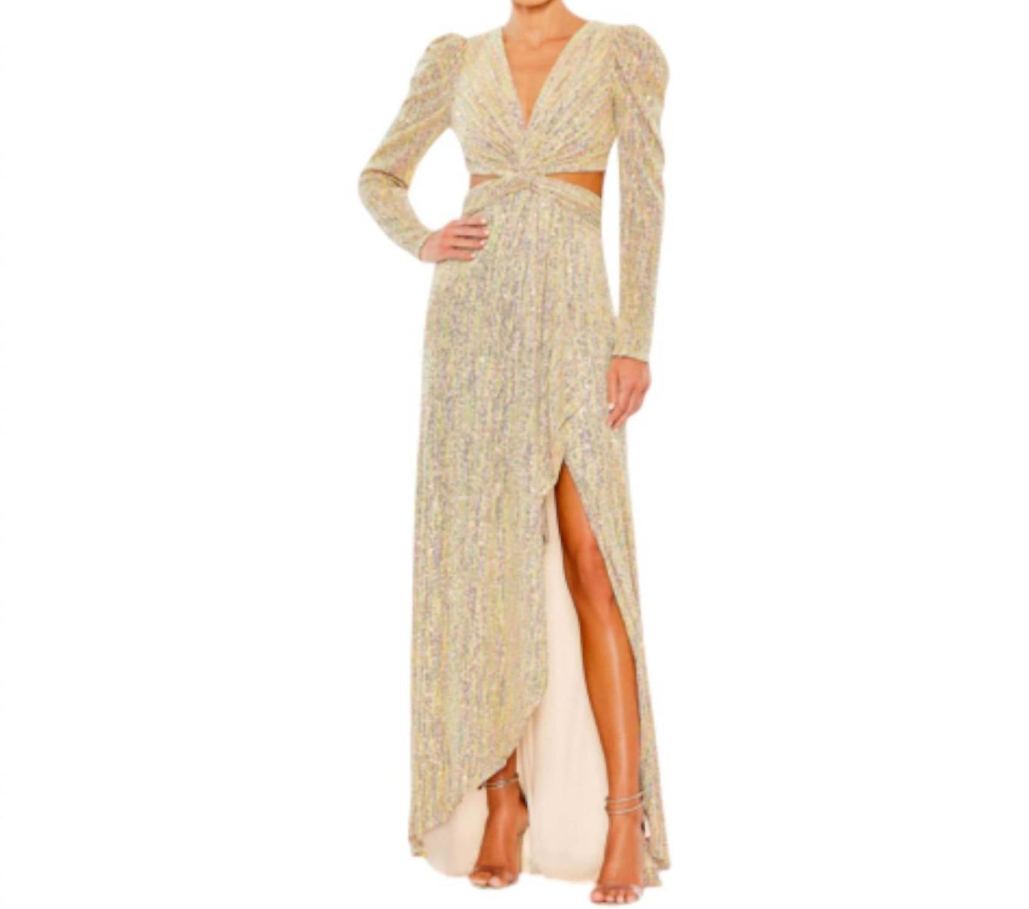 Ieena For Mac Duggal - Metallic Puff Sleeve Front Twist Cut-out Gown