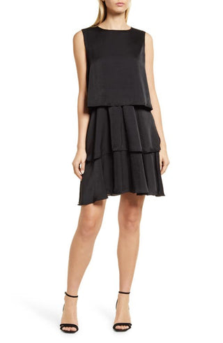 Sam Edelman Tiered Ruffle Satin Dress in Black, Size 10