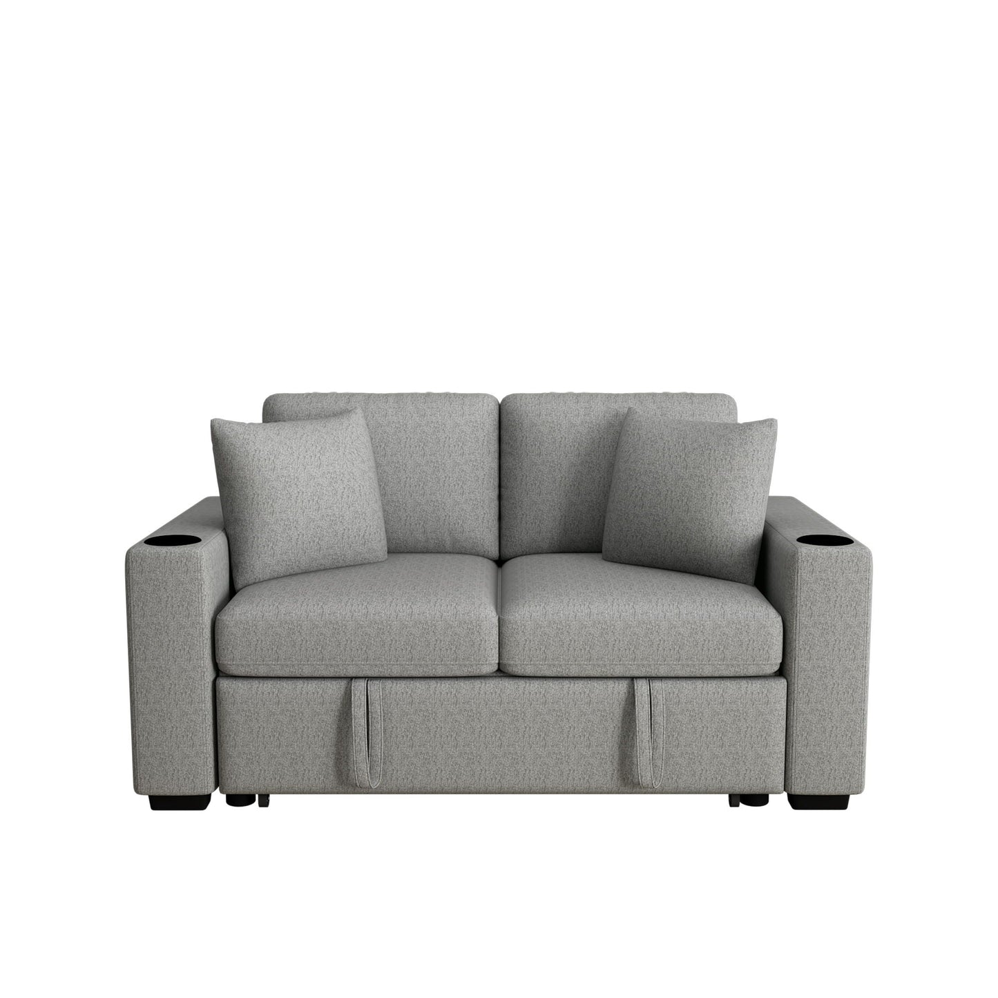 Modern 2 Seater Loveseat Sofa With Pull-Out Bed, Fabric, USB Ports & Cup Holders