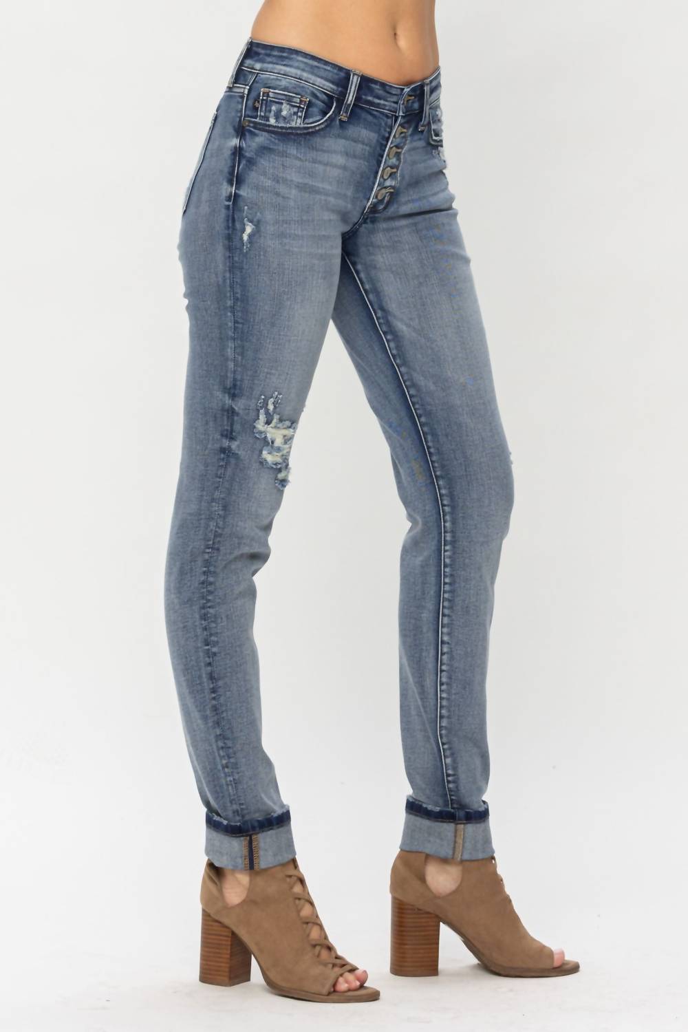 Judy Blue - Mid Rise Button Fly & Cuff Options Tall Boyfriend Denim Jeans
