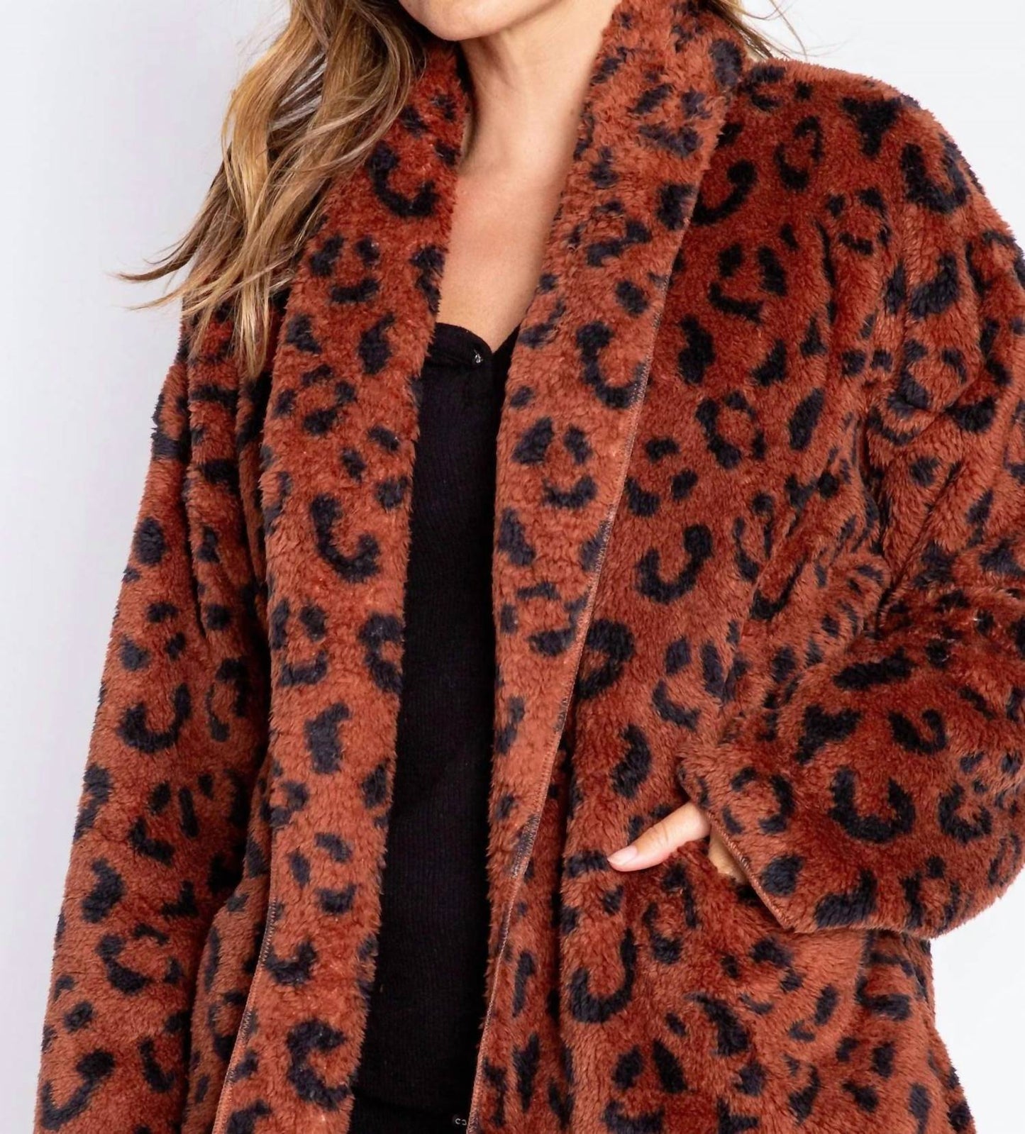 Pj Salvage - Leopard Print Cozy Shearling Cardigan Recoca
