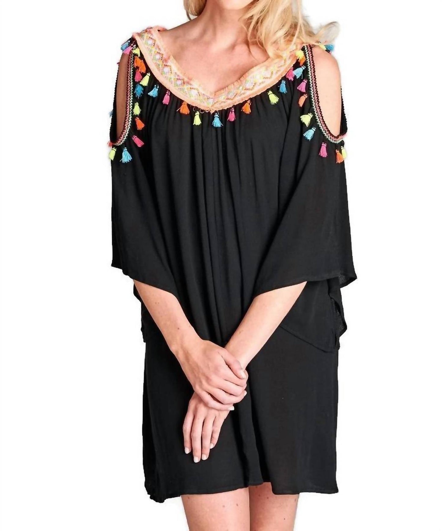 Velzera - Women's Tassel Cold Shoulder Short Dress