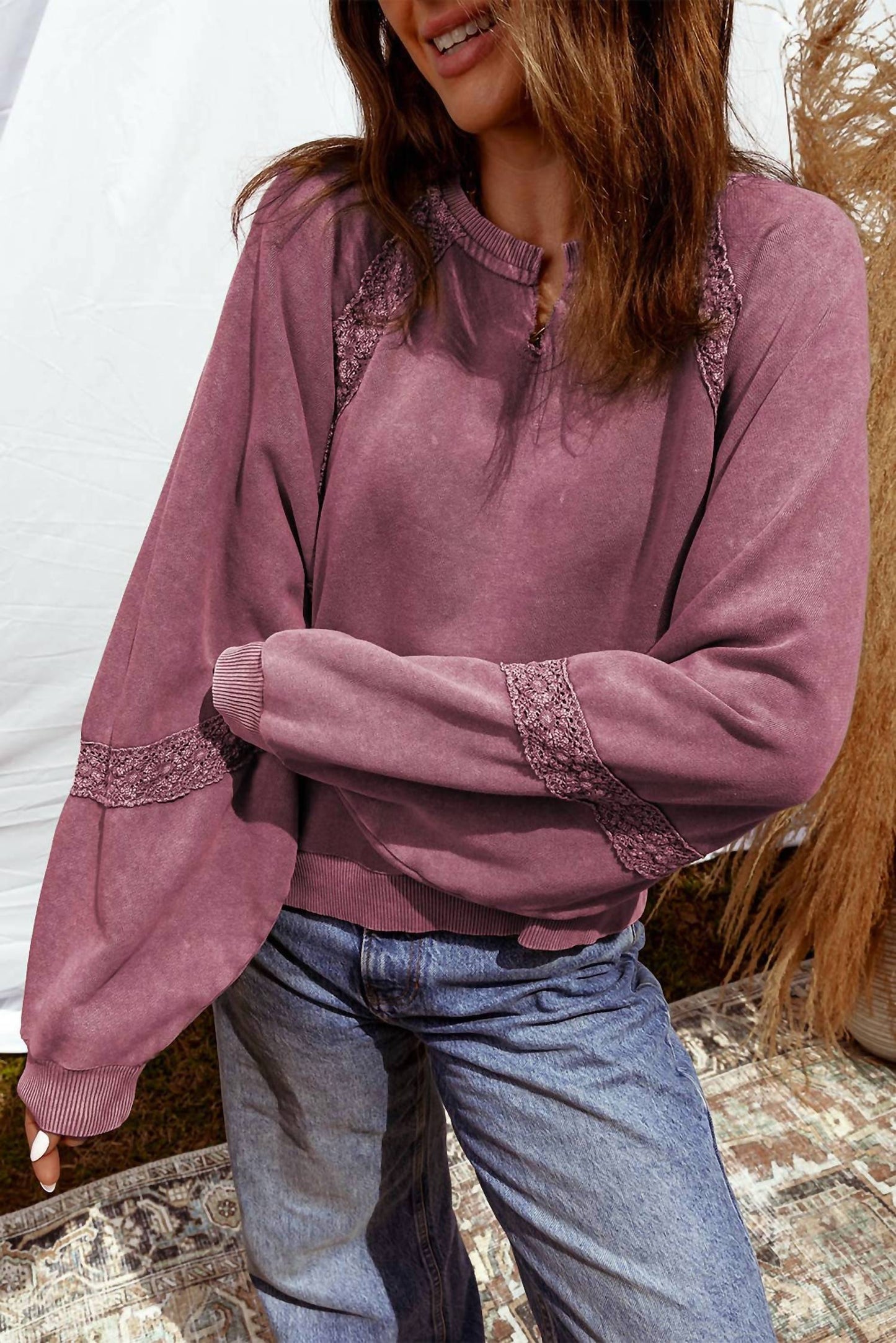 1 The Woman - Lace Patchwork Detail Notched Neck Mineral Wash Sweatshirt