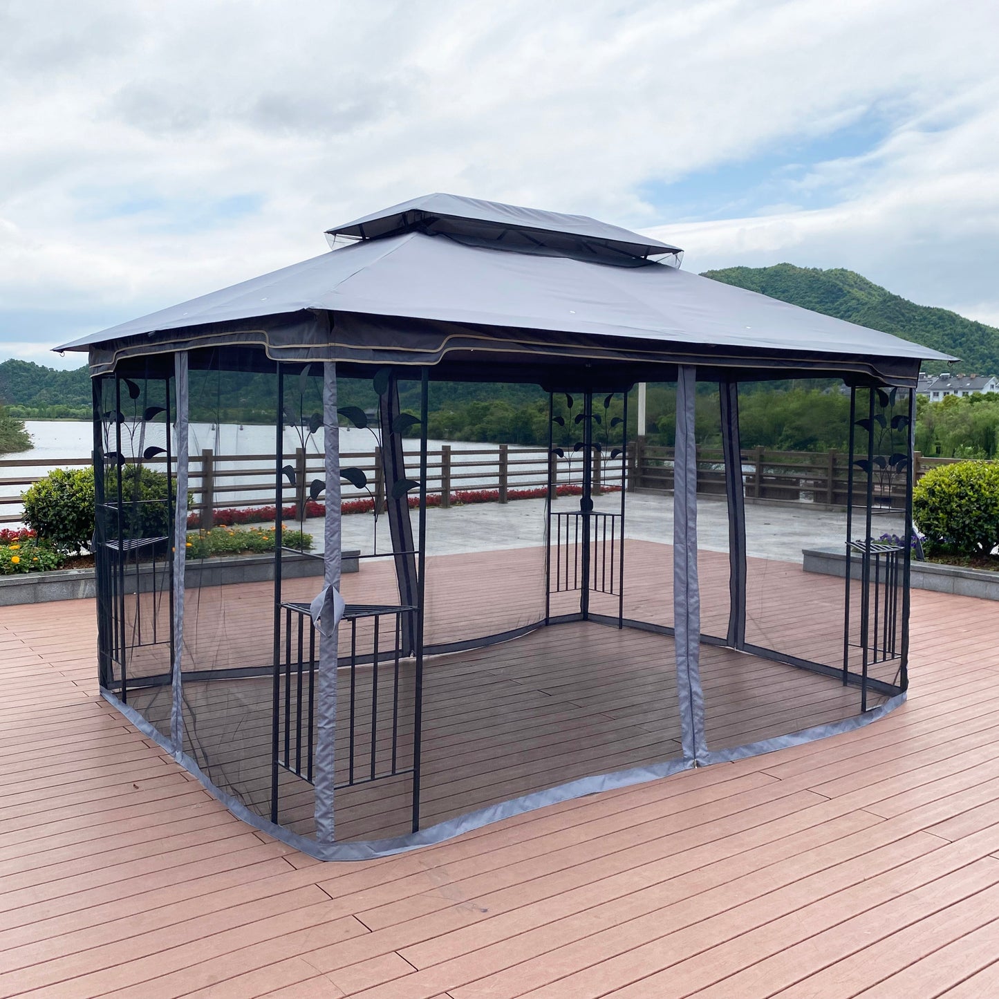 13 x 10 Ft Patio Gazebo Tent with Ventilated Double Roof and Mosquito Net
