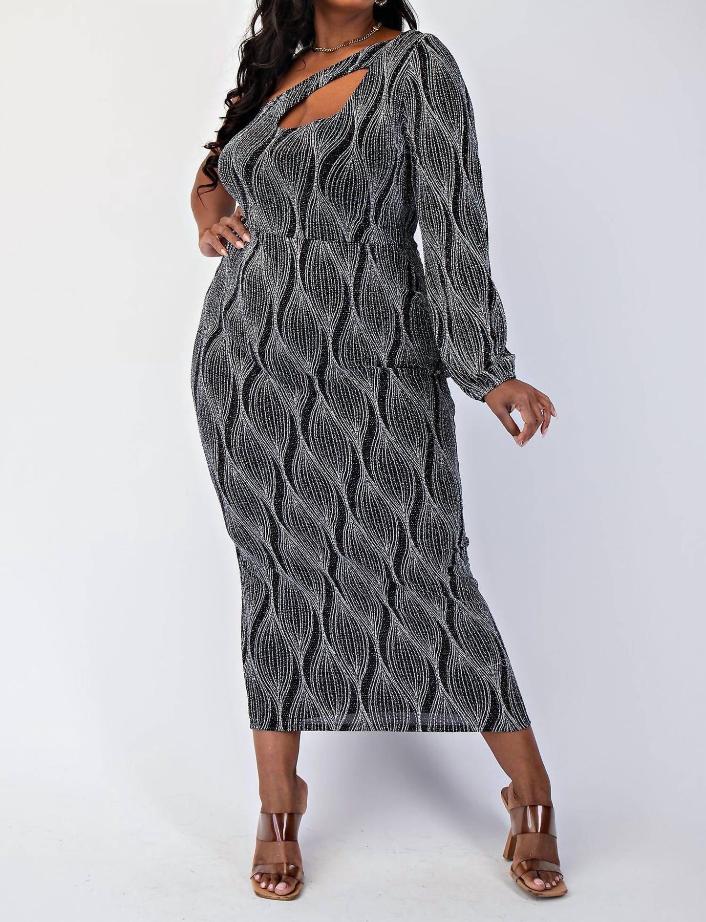 The Curve La - Plus Size Glitter Knit One Shoulder Dress With Cutout