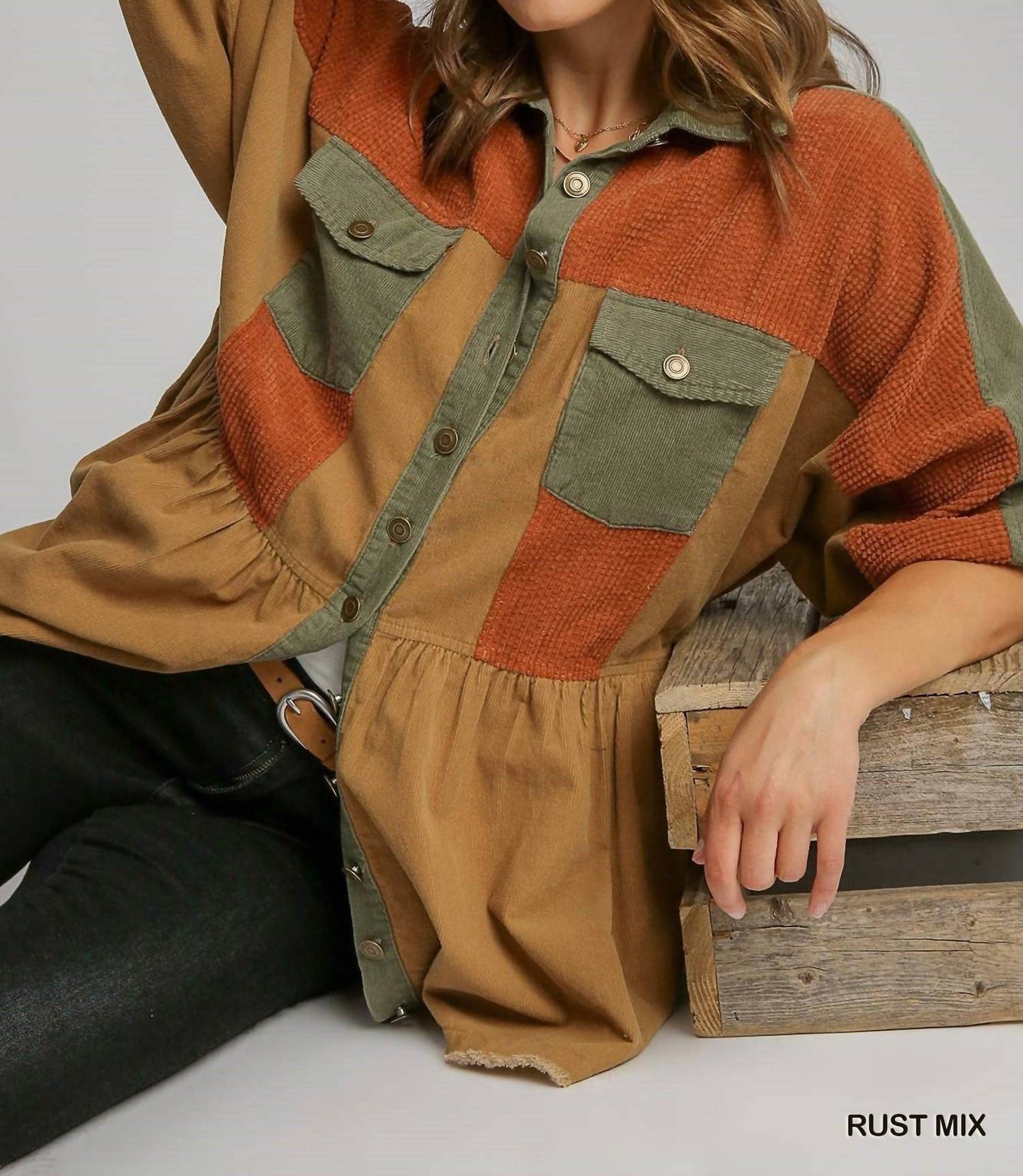 Umgee - Corduroy Color block Jacket With Front Pockets