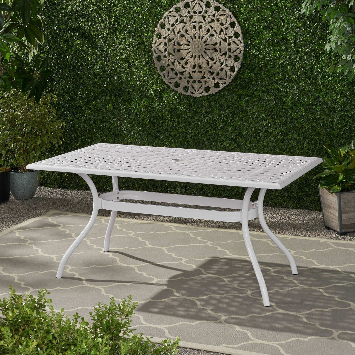 Celestine Outdoor Cast Aluminum Dining Table with Floral Lattice and Umbrella Holder