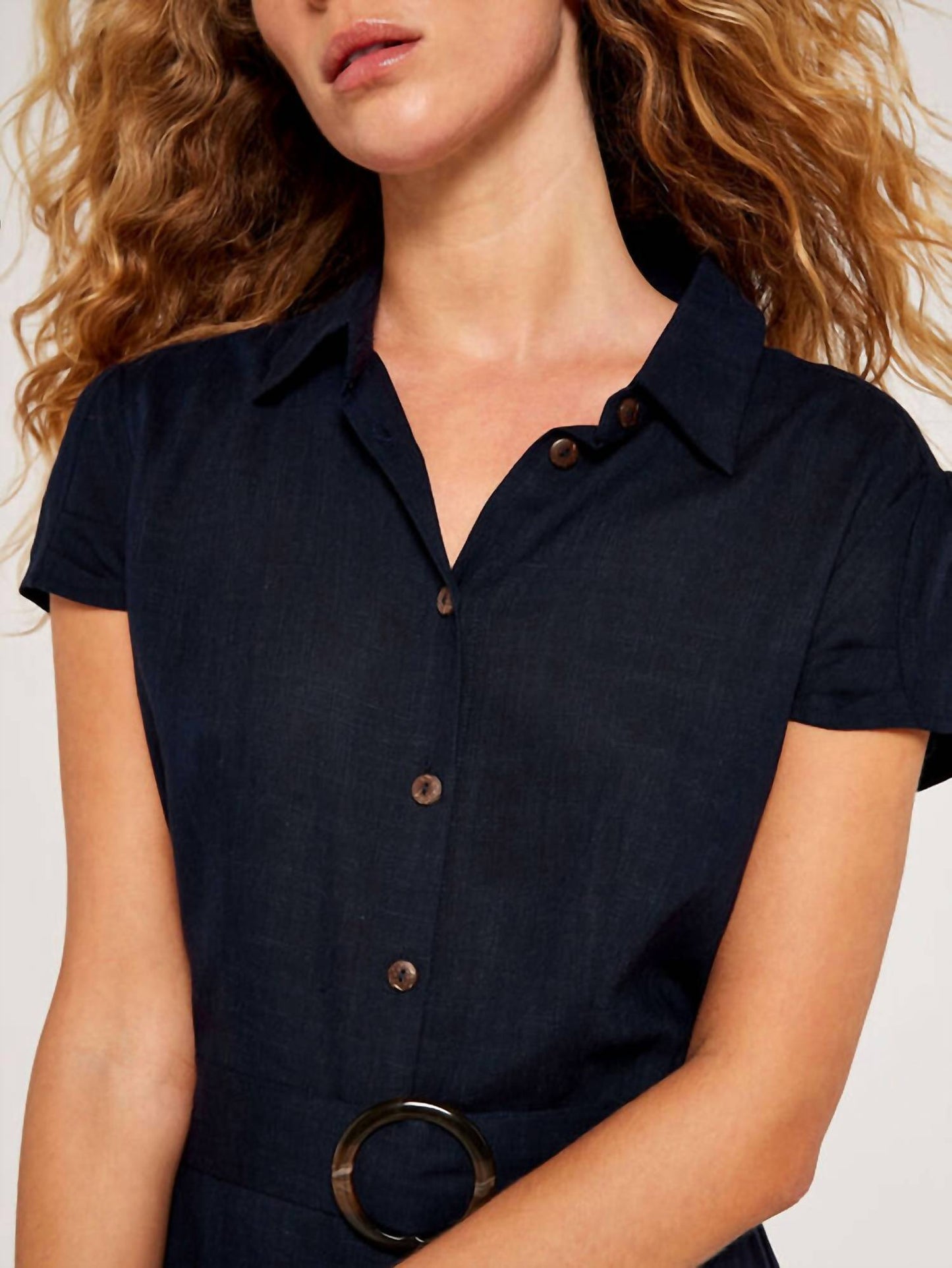 Apricot - Linen Blend Belted Shirt Midi Dress