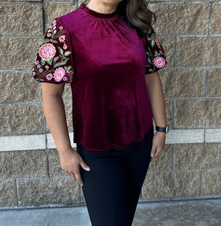 Thml - Embroidered Velvet Puff Sleeve Top