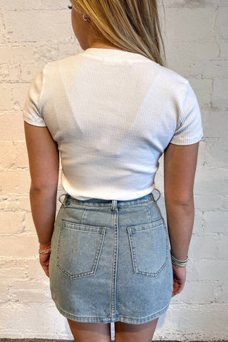 Cloud Ten - High-rise Pearls & Denim Mini Skirt