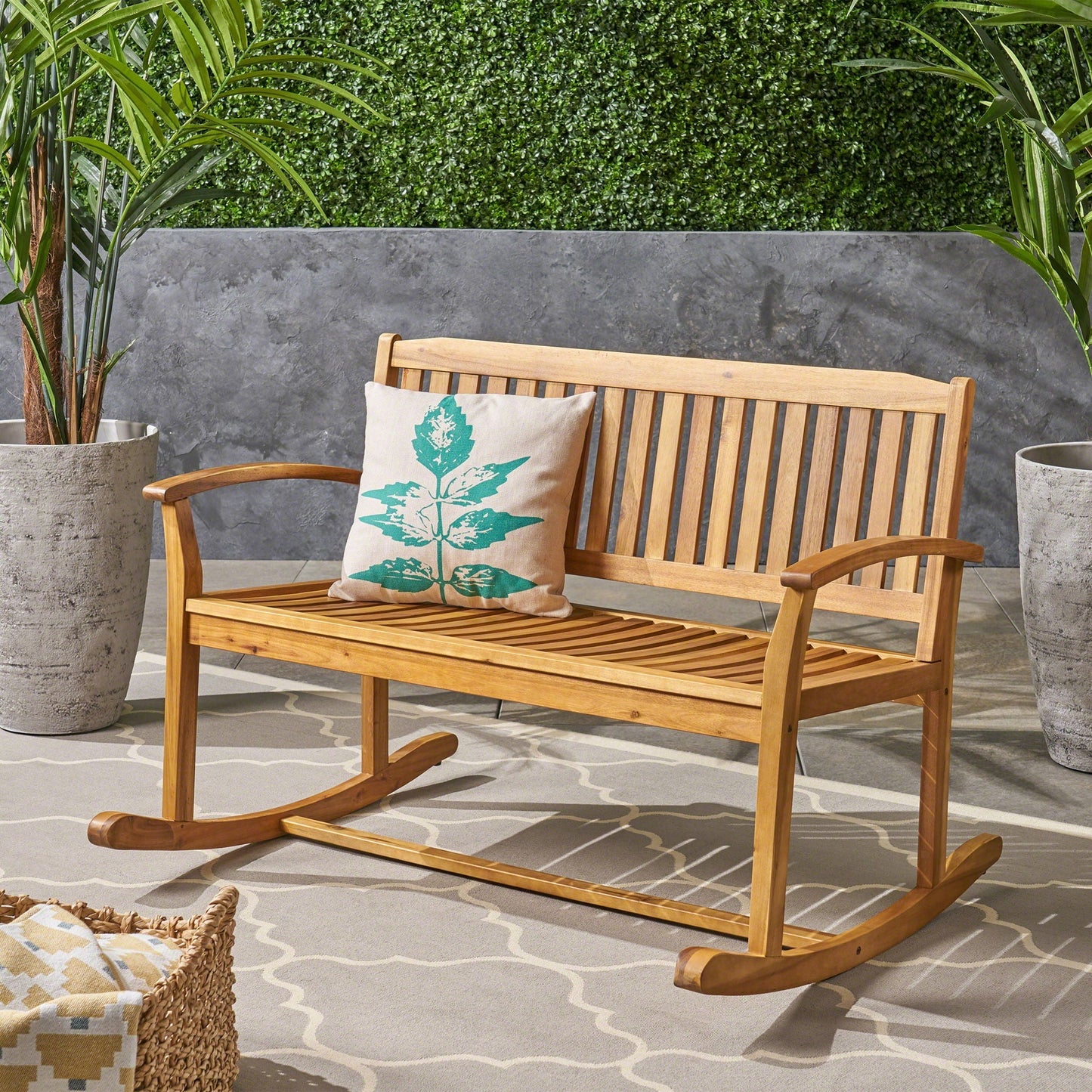 Outdoor Rocking Loveseat with Acacia Wood Frame - Natural