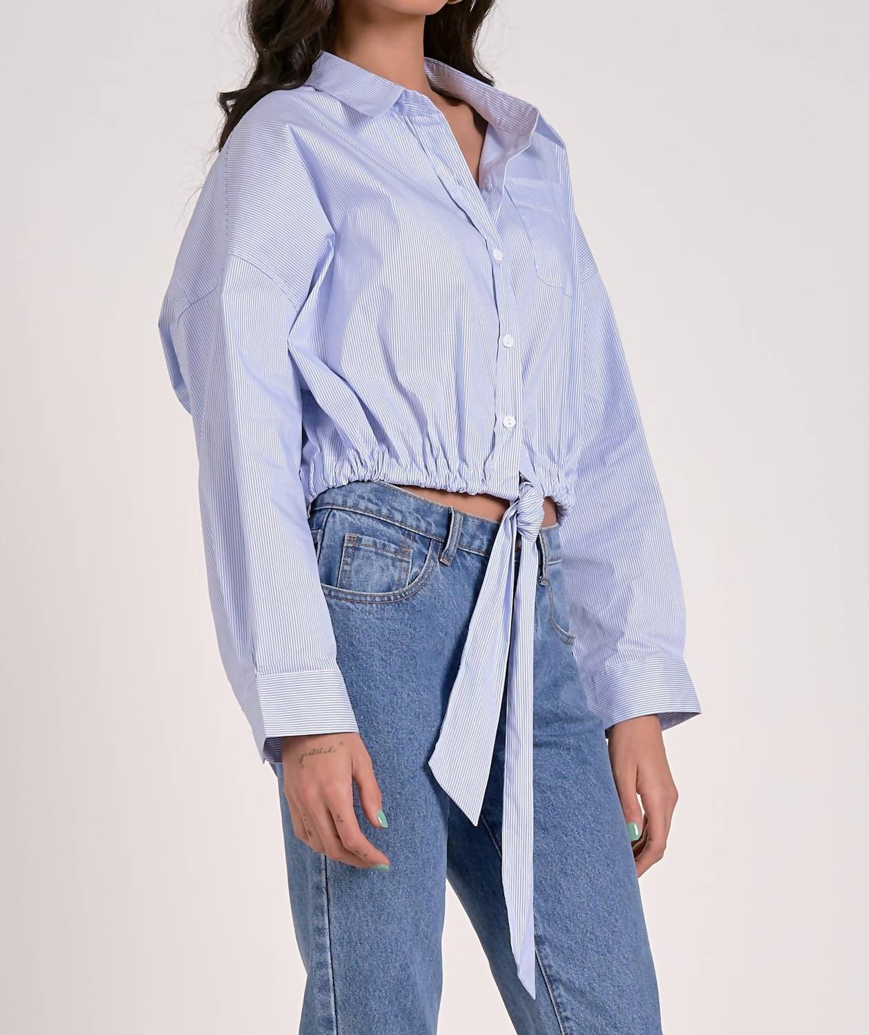 Elan - Striped Tied Front Blouse