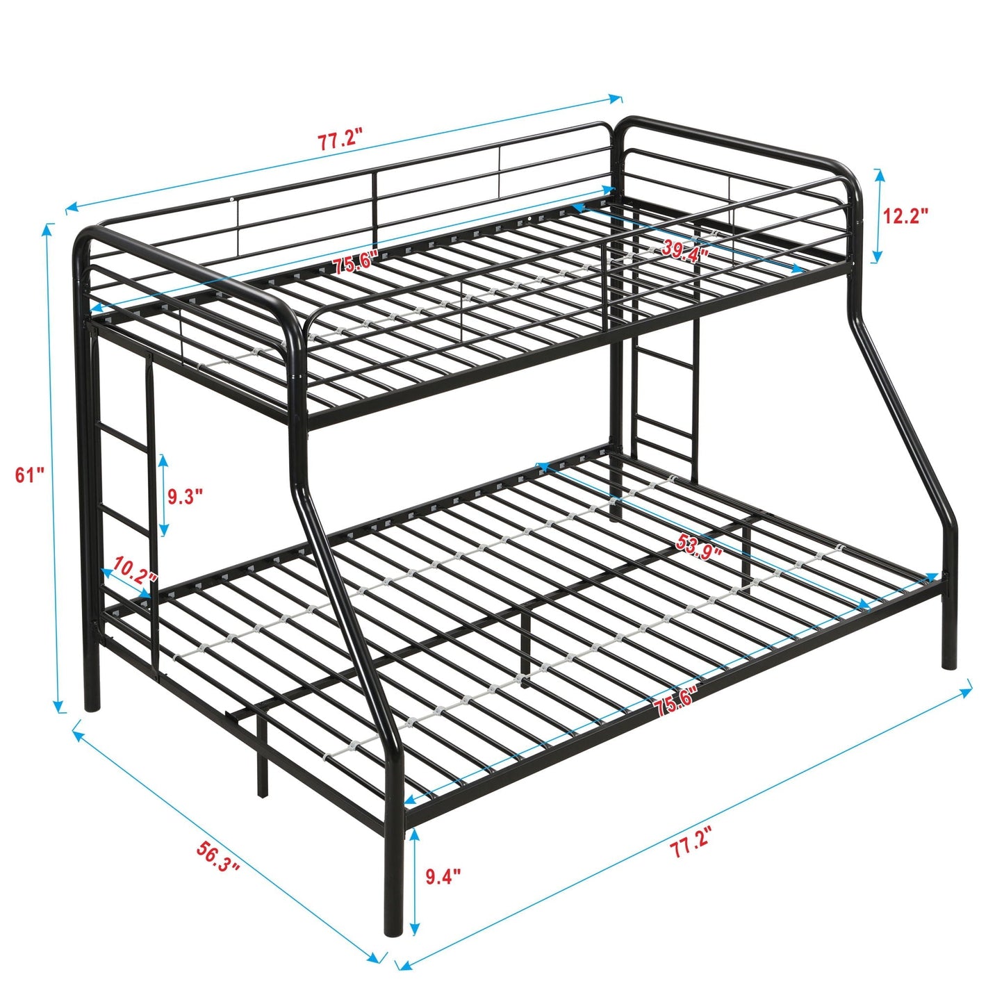 Modern Twin Over Full Metal Bunk Bed with Trundle and Dual Side Ladders