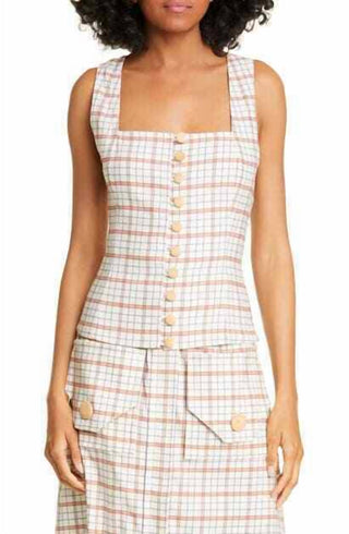 Nicholas - Square Neck Button Front Pinafore Plaid Tank Top
