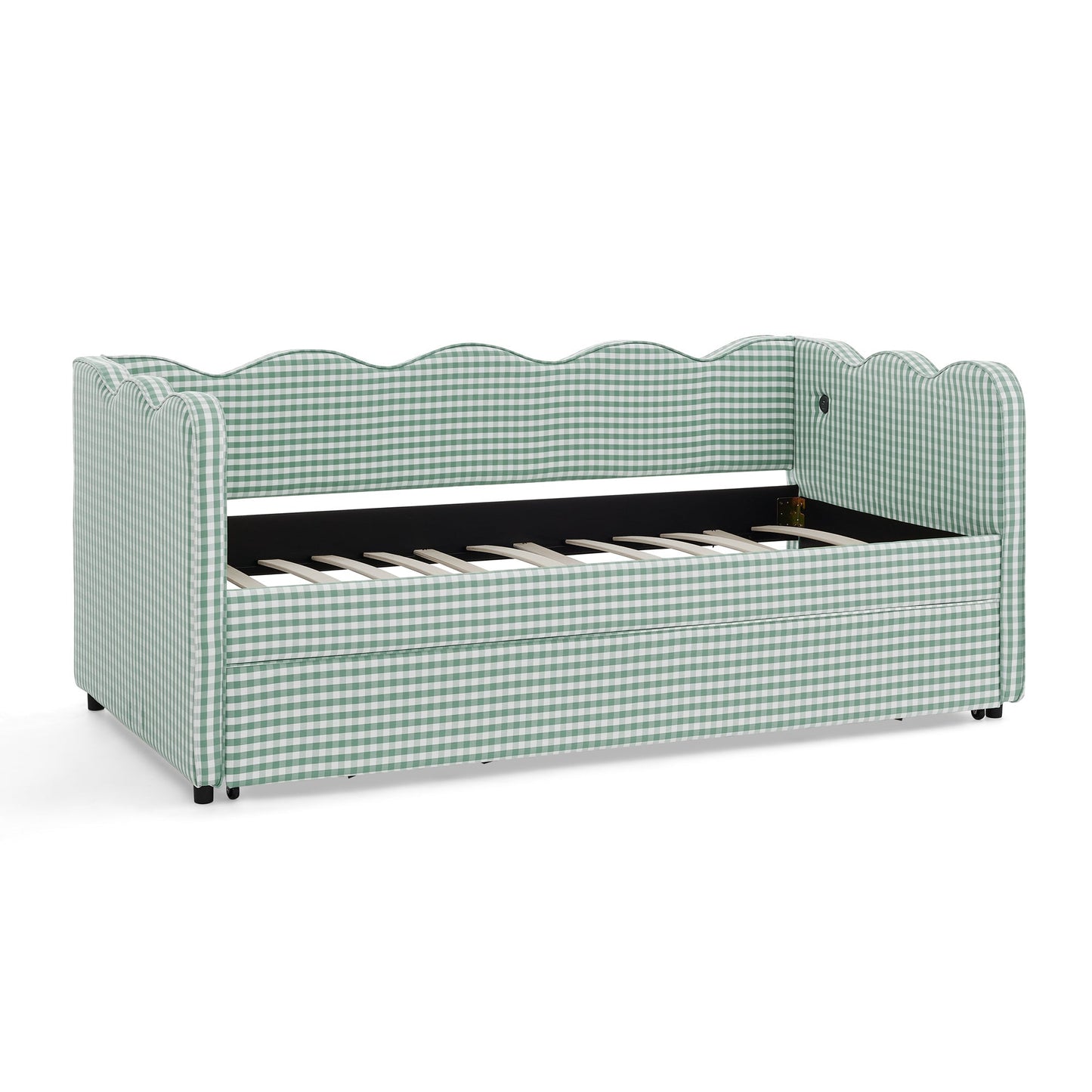 Cozy Gingham Daybed with Trundle Twin Size Sofa Bed No Box Spring Needed
