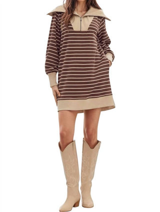 Entro - Misha Stripped Zipper Neckline Sweatshirt Dress
