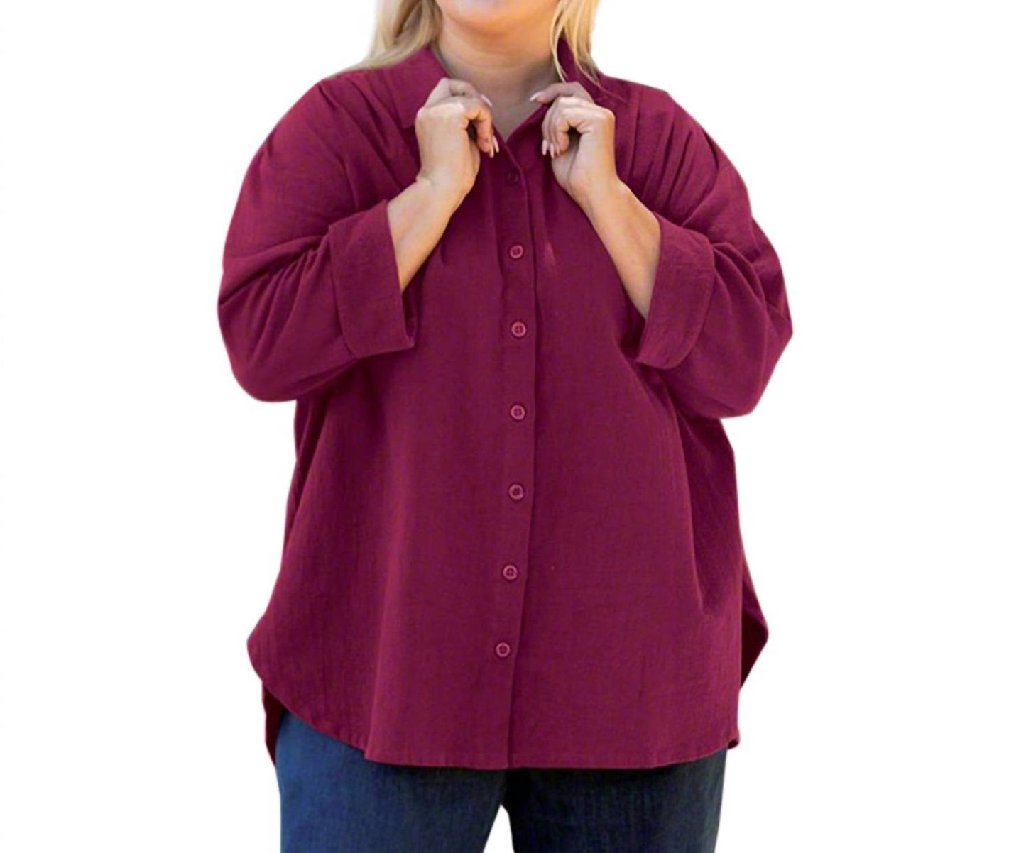 On The Plus Side - 3/4 Sleeve Crinkle Cotton Long Sleeve Button Up - Plus