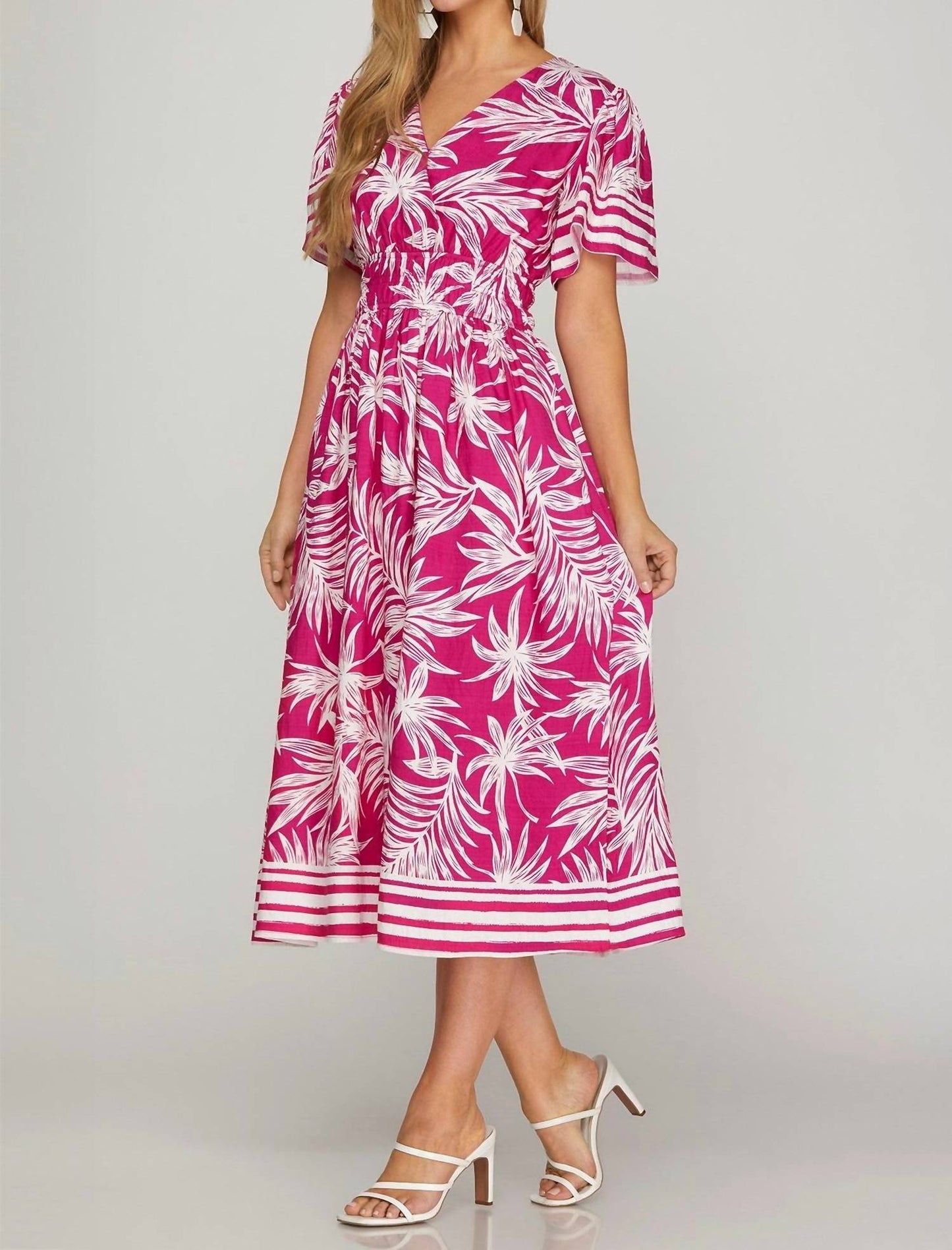 She + Sky - Short Sleeve Woven Tropical Print Midi Dress