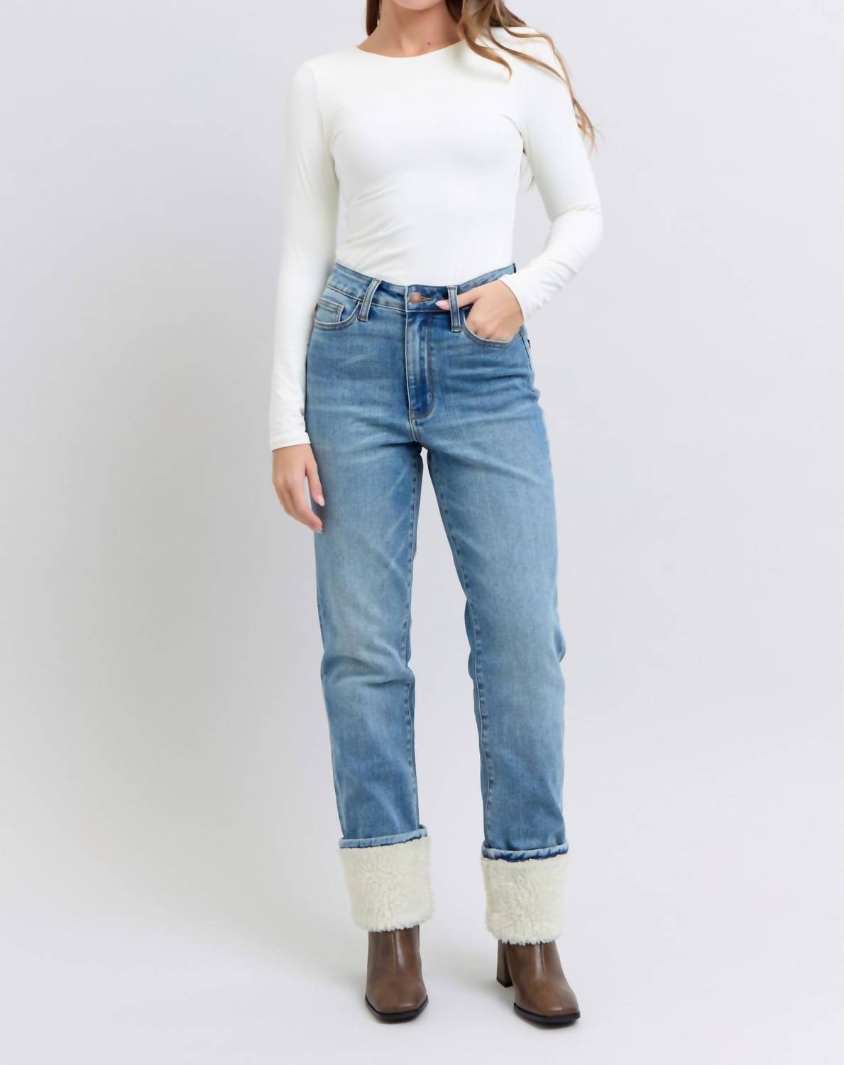 Judy Blue - High Waist Shearling Cuff Straight Leg Jeans