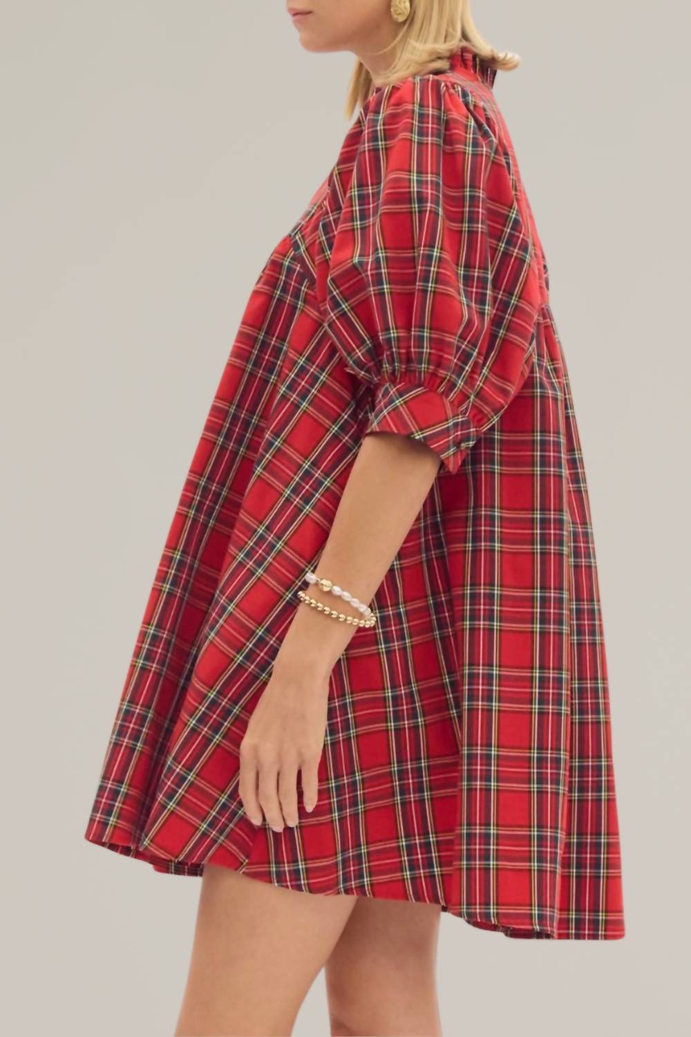 Entro - Plaid Puff Sleeve Holiday Dress
