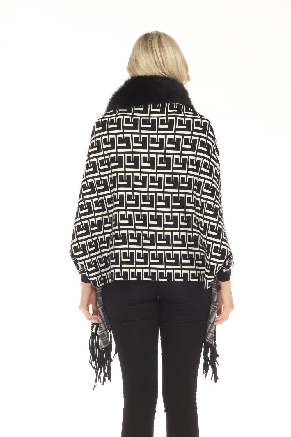 Oolala - Meander Pattern Real Fur Collar Fringe Cape