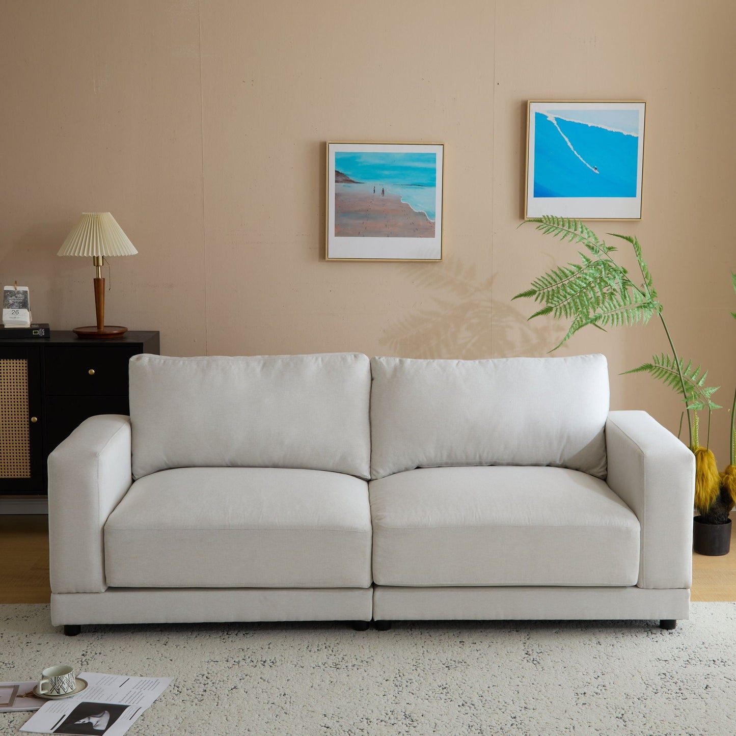Modern Square Arm Sofa with Soft Fabric Upholstery and Deep Cushions