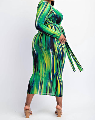 The Curve La - Plus Size Long Sleeve Midi Dress With Self-tie Belt