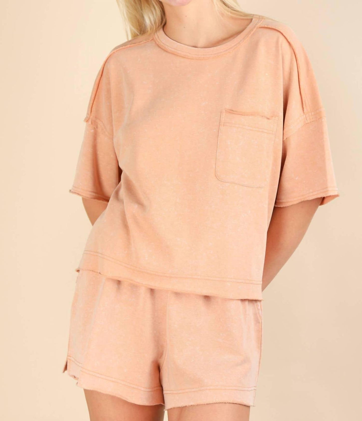 Very J - Mineral Washed Comfy Knit Top & Shorts Set