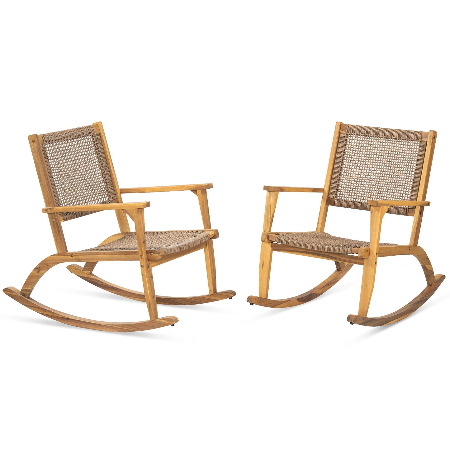 GO 2 Pieces Patio Rocking Chair Set, Natural Acacia Wood and Wicker