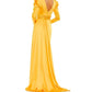 Mac Duggal - V Neckline Long Puff Sleeves Maxi Column Gown