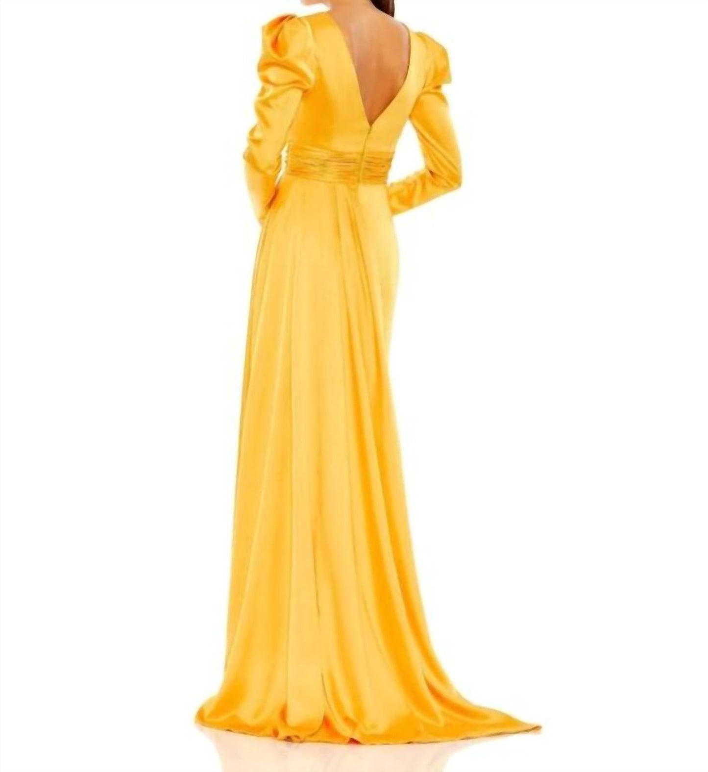 Mac Duggal - V Neckline Long Puff Sleeves Maxi Column Gown