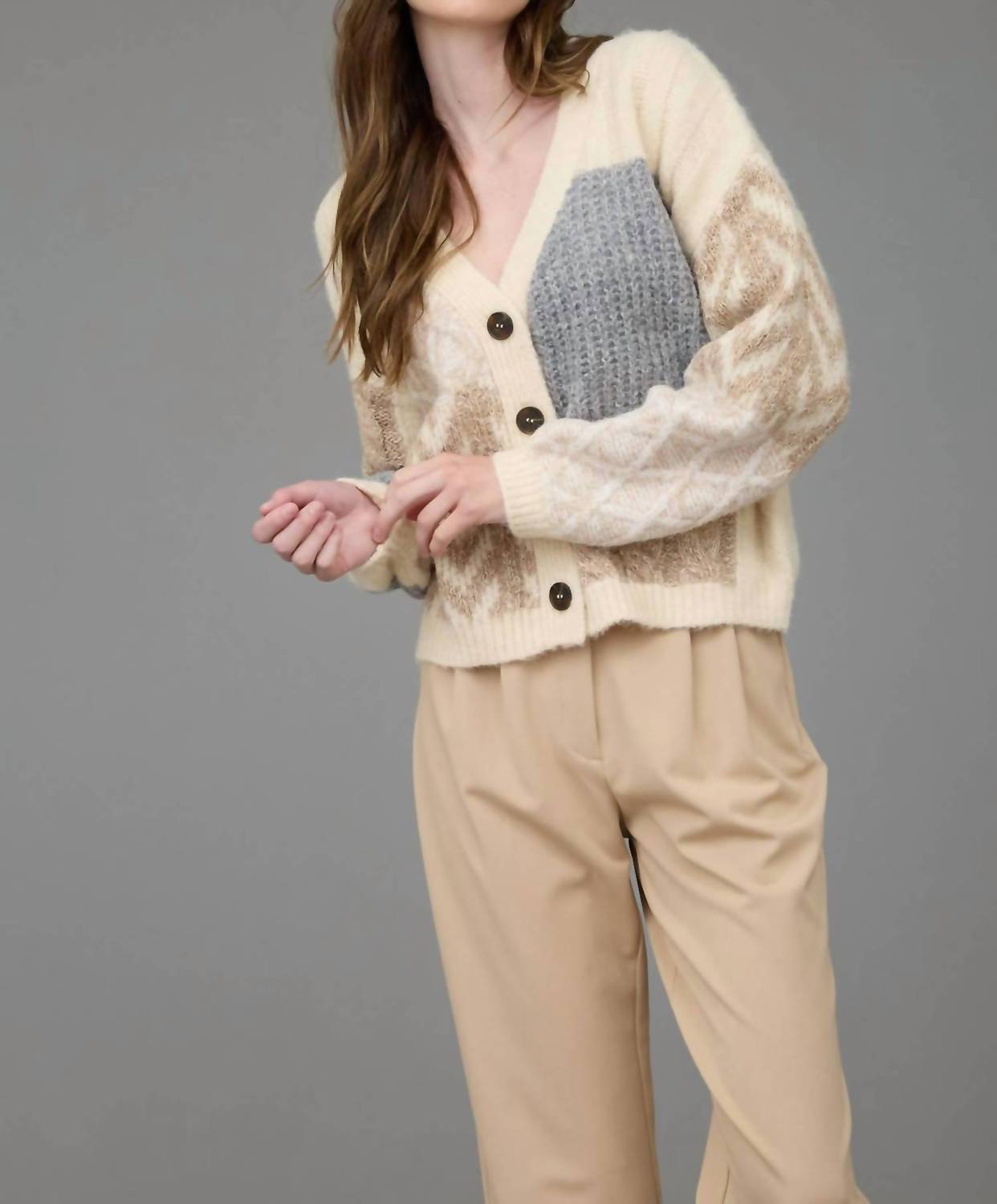 Blu Pepper - V Neck Patchwork Cardigan