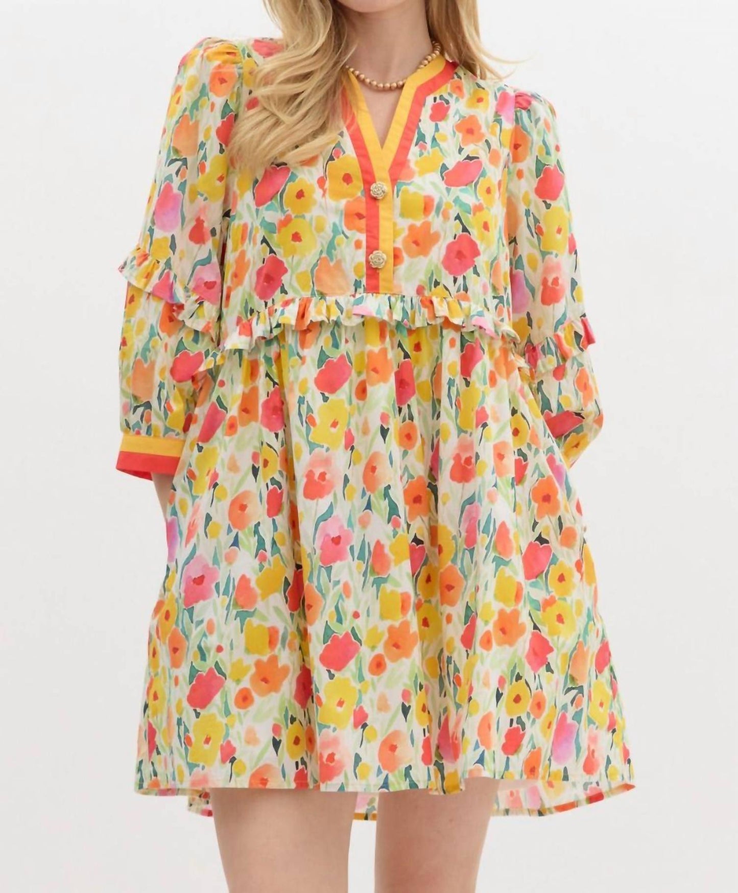 Entro - Floral Breeze Mini Dress with Ruffle Accents & Banded V-Neck Detail