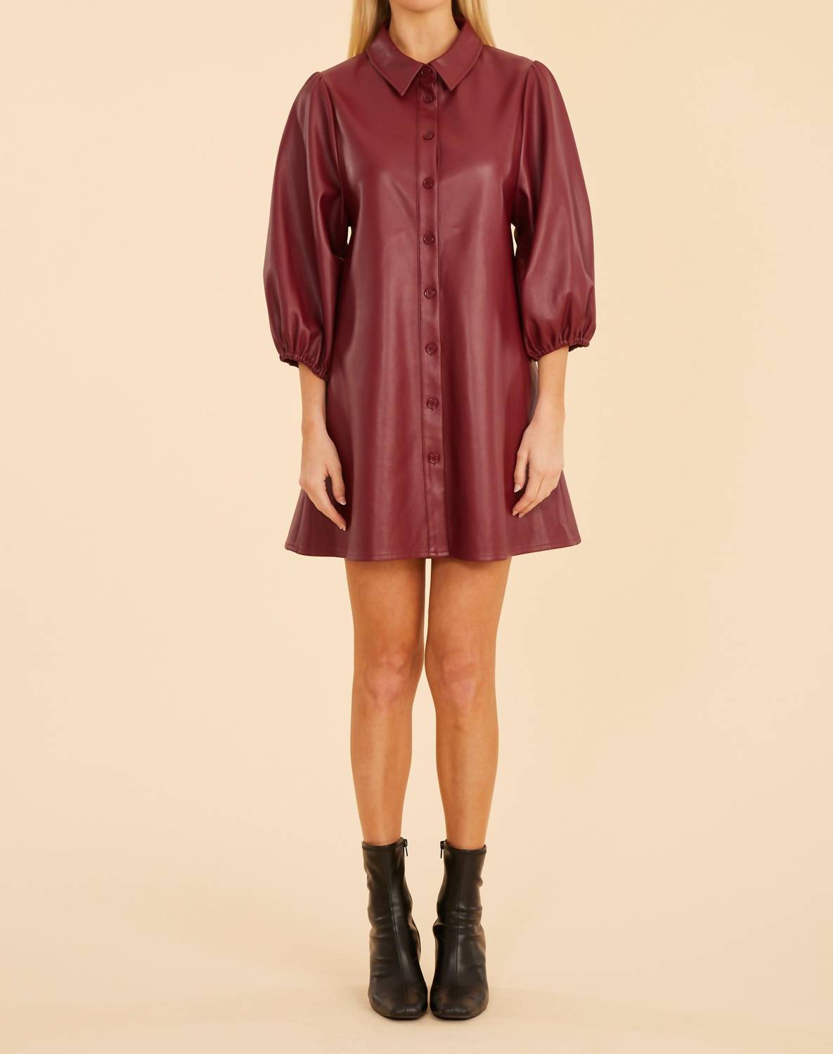 Dolce Cabo - Puff Sleeves Faux Leather Dress