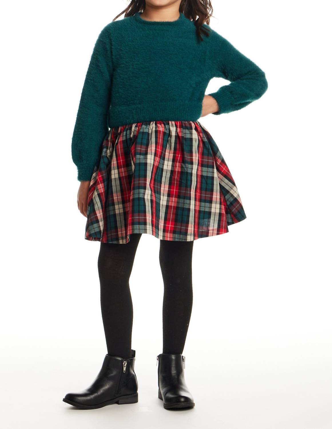 Andy & Evan - Girls Chenille Plaid Flannel Twofer Dress