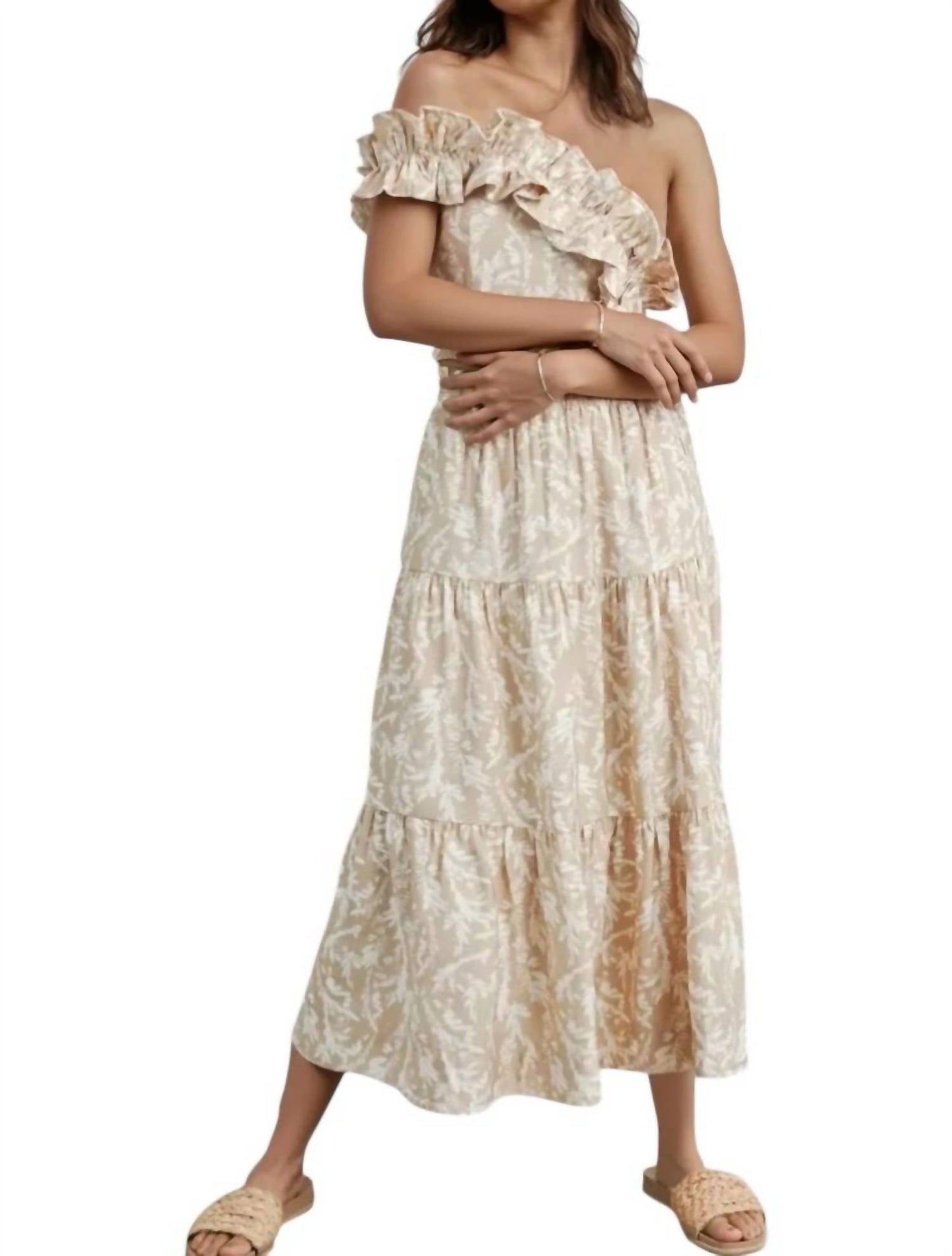 Buttermelon - Abey Leaf Print One-Shoulder Cropped Top & Maxi Skirt