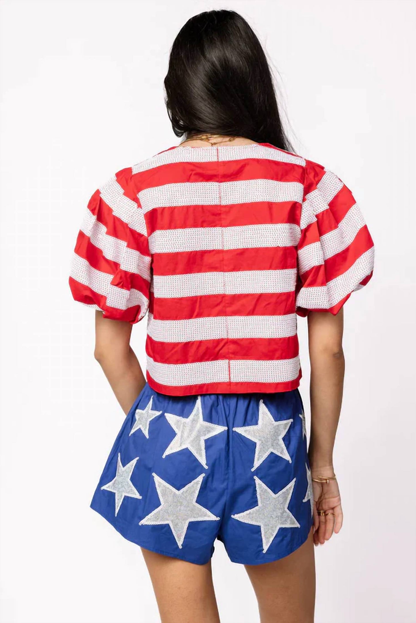 Queen Of Sparkles - STRIPE COTTON POOF SLEEVE TIE TOP