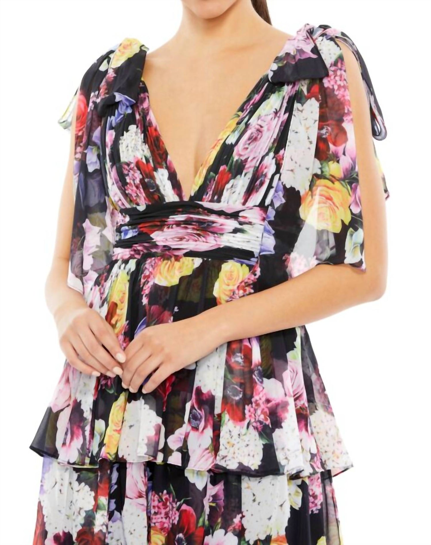 Ieena For Mac Duggal - Floral Bow Strap V-neck Mini Dress