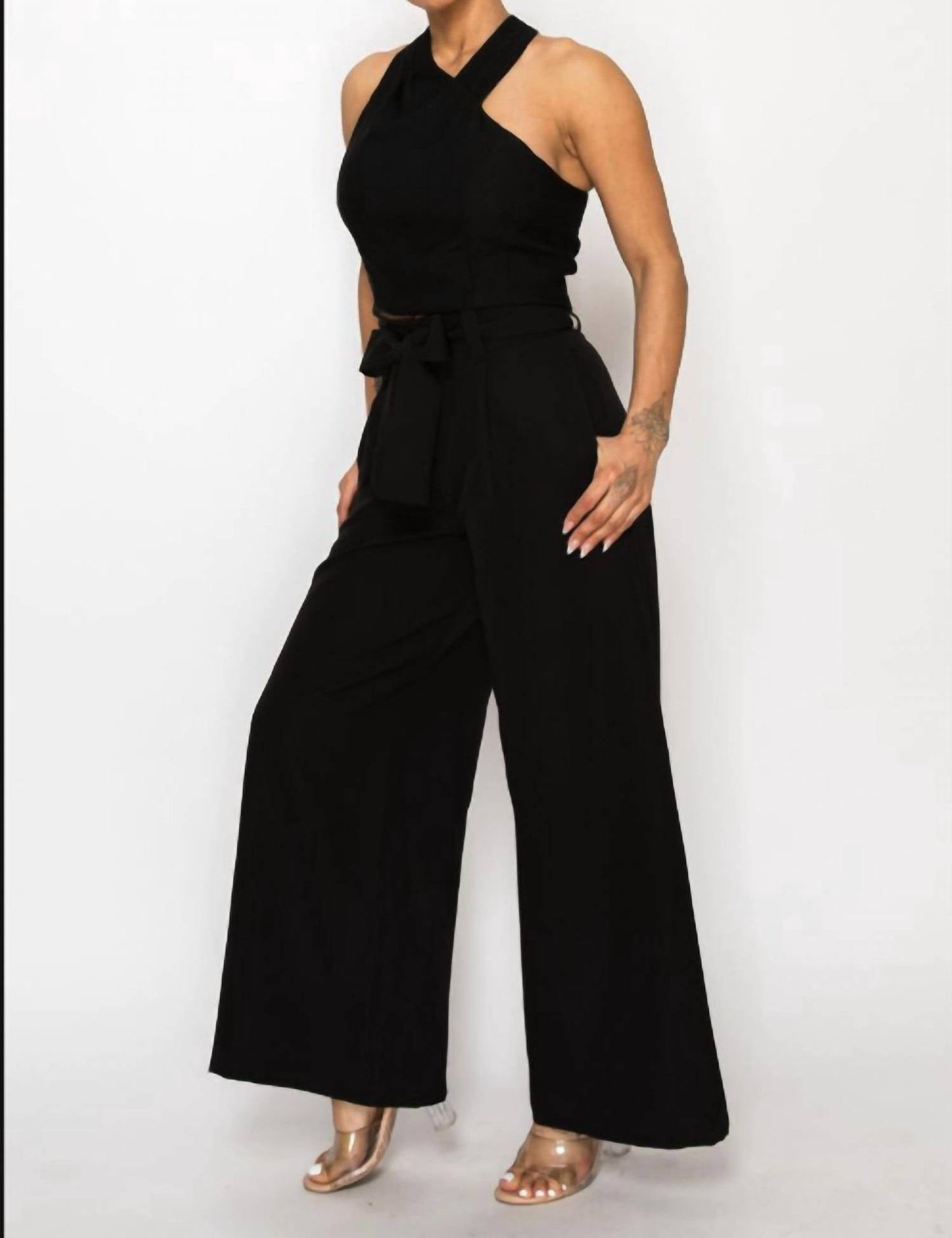 A.C.G. Los Angeles - Dressy & Casual High Waisted Palazzo Belted Pants & Halter Cropped Top Set