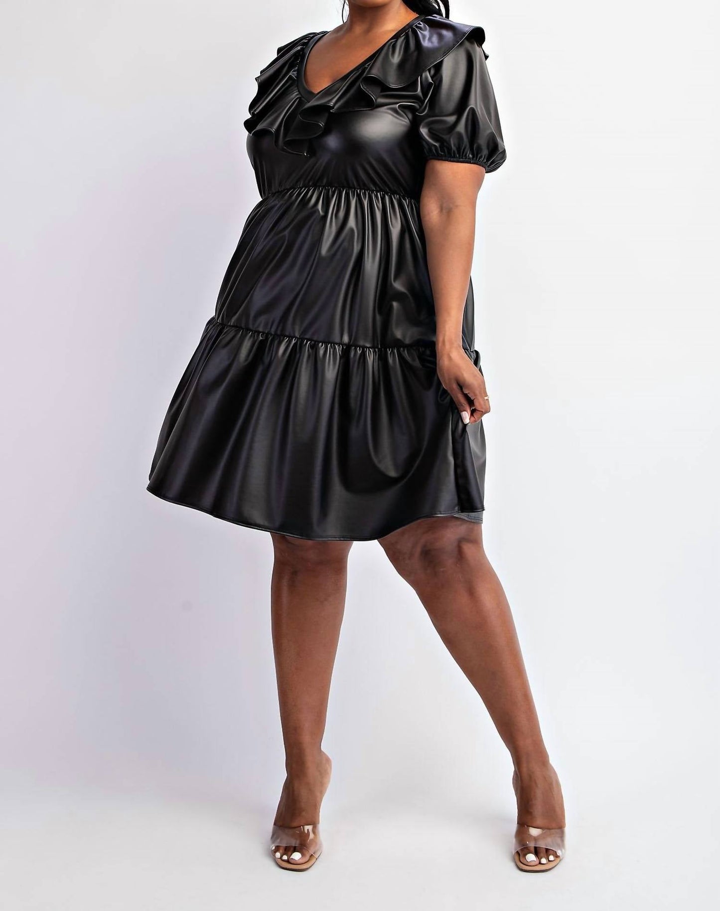 The Curve La - Plus Size Faux Leather Tiered Puff Sleeve Short Dress