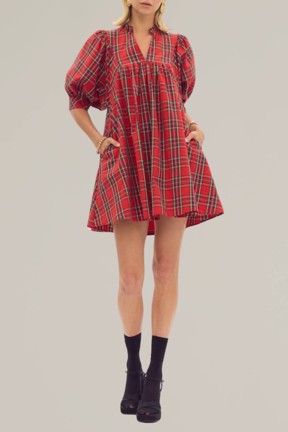Entro - Plaid Puff Sleeve Holiday Dress